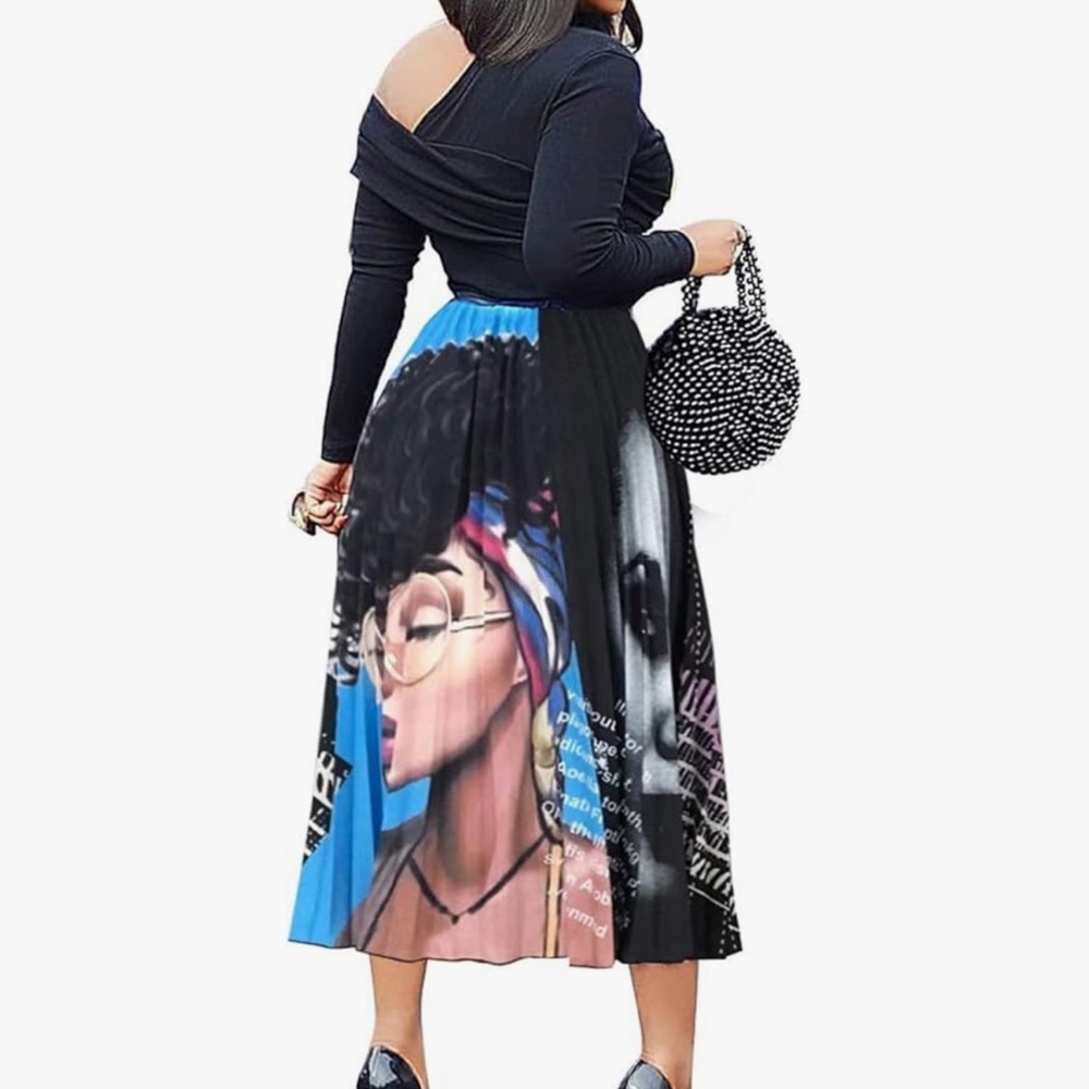 ThusFar Women's Graffiti Pleated Elastic Waist A-Line Swing Midi Skirt large - Picture 3 of 10